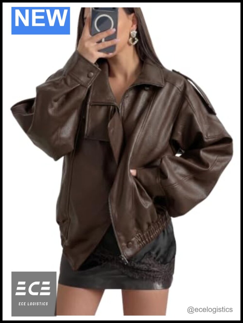 Oversized Faux Leather Jacket Funnel Neck Bomber